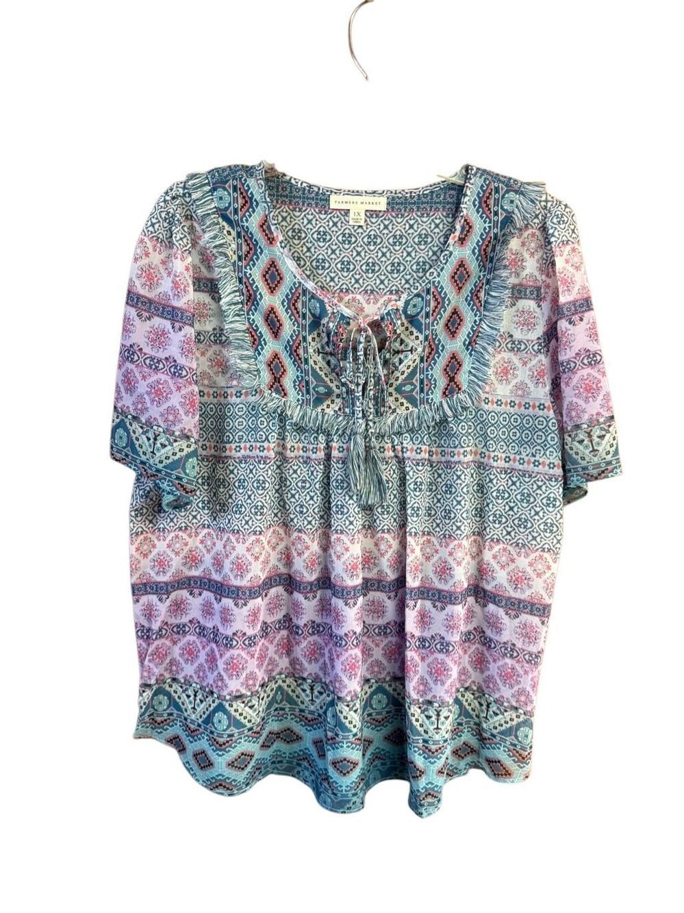 Farmers Market mosaic geo-stripe print fringed neckline tassel ties Sz 1X NWOT
